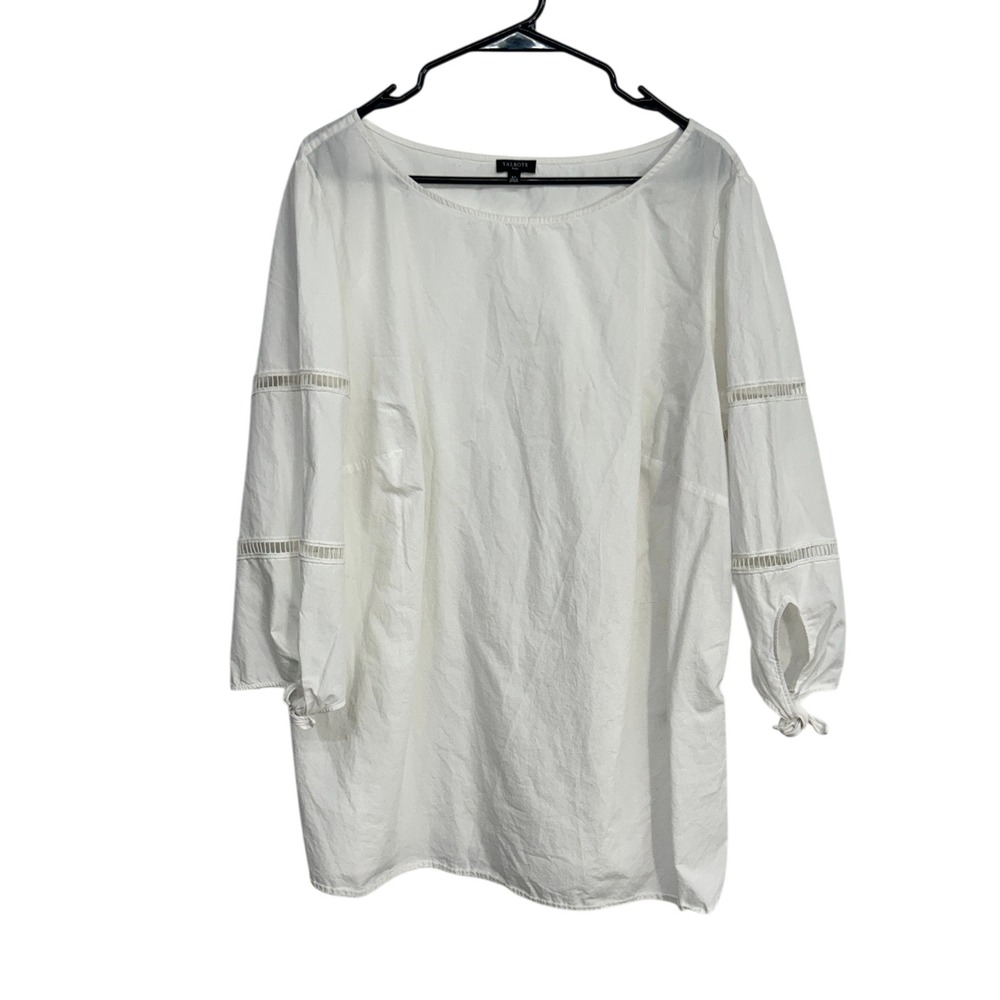 Talbots White Cotton Peasant Tunic Top 2X Tie Sleeve Boho Cottagecore Coastal